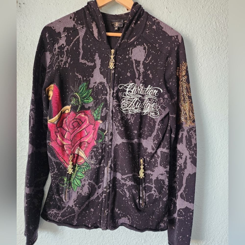 Christian Audigier Black Hoodie Jacket with Rose Design
